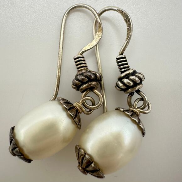 925 sterling silver genuine white freshwater pearls hook dangle drop earrings - Picture 5 of 8